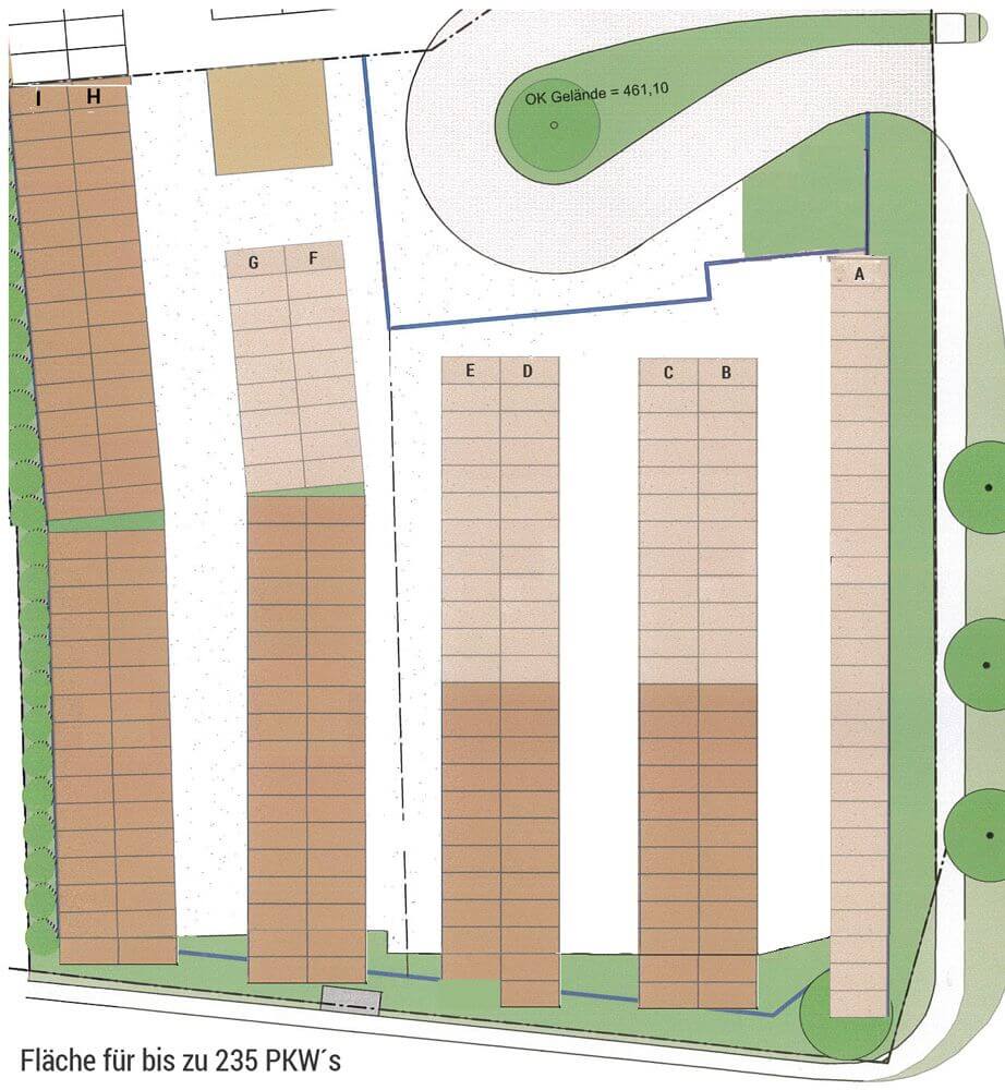 Skizze vom Parkplatz mit Parkplätzen für 235 PKW's